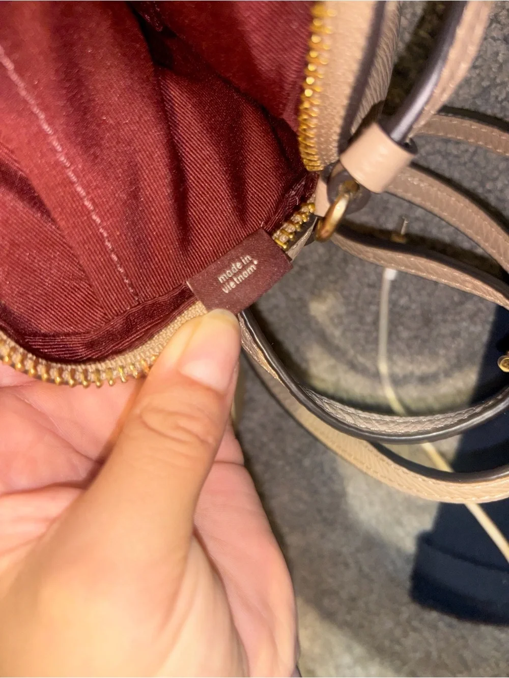 Coach Taupe Crossbody Bag with Burgundy Interior